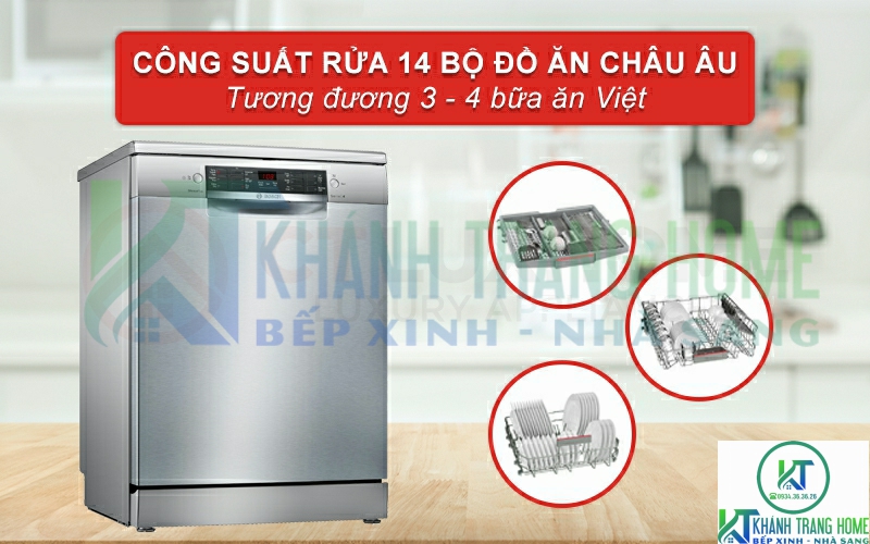 Máy rửa bát Bosch độc lập SMS46MI01G có thể rửa bát đĩa của 3 - 4 bữa ăn của gia đình người Việt