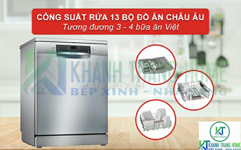 Máy có công suất rửa lên tới 13 bộ đồ ăn Châu u - tương đương 3 - 4 bữa ăn của gia đình Việt