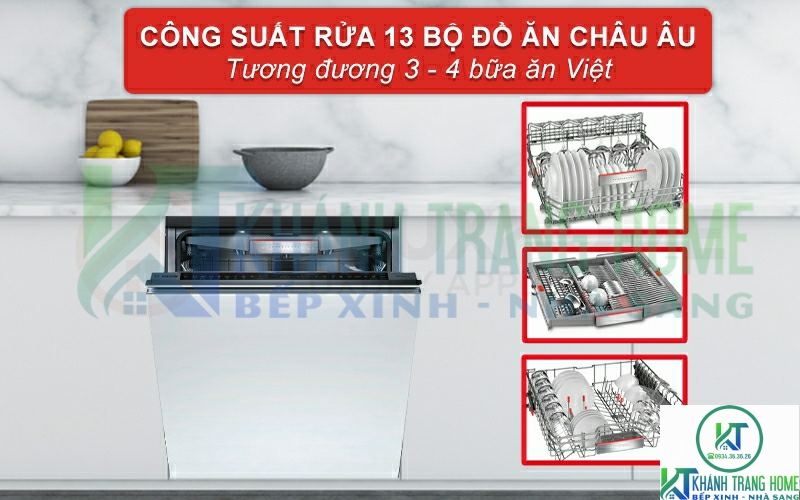 Công suất rửa của máy rửa bát Bosch SMV88UX36E tối đa đến 13 bộ