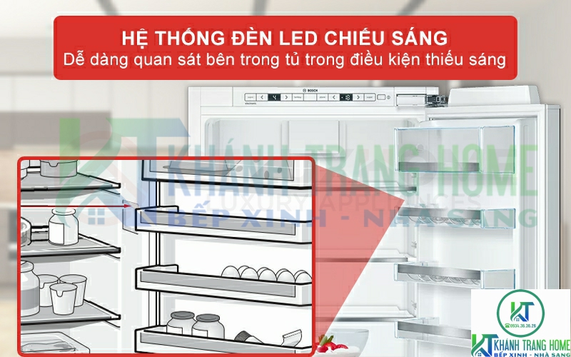 Bên trong khoang tủ được trang bị hệ thống đèn LED chiếu sáng tiện lợi và không gây chói