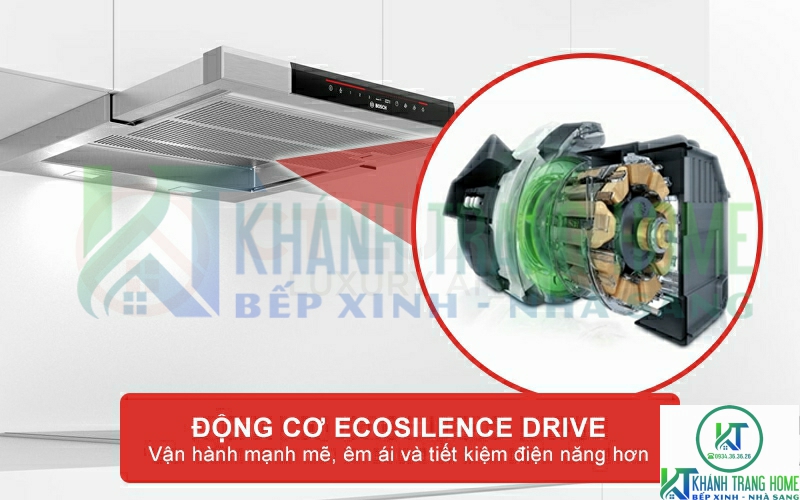 Để máy hút mùi âm tủ Bosch DFS067K51 vận hành êm ái phải nhờ đến động cơ EcoSilence Drive