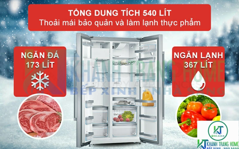 Tổng dung tích đến 540 lít cho bạn thoải mái bảo quản và làm lạnh thực phẩm