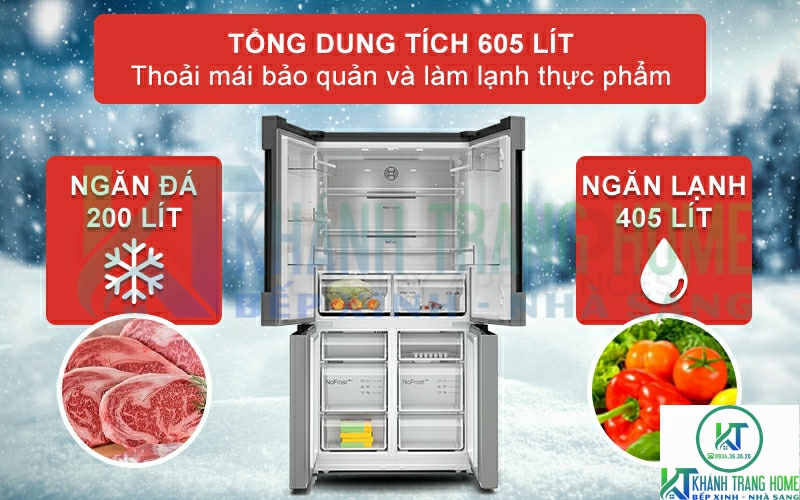 Tổng dung tích lên đến 605 lít cho bạn thoải mái bảo quản và làm lạnh thực phẩm