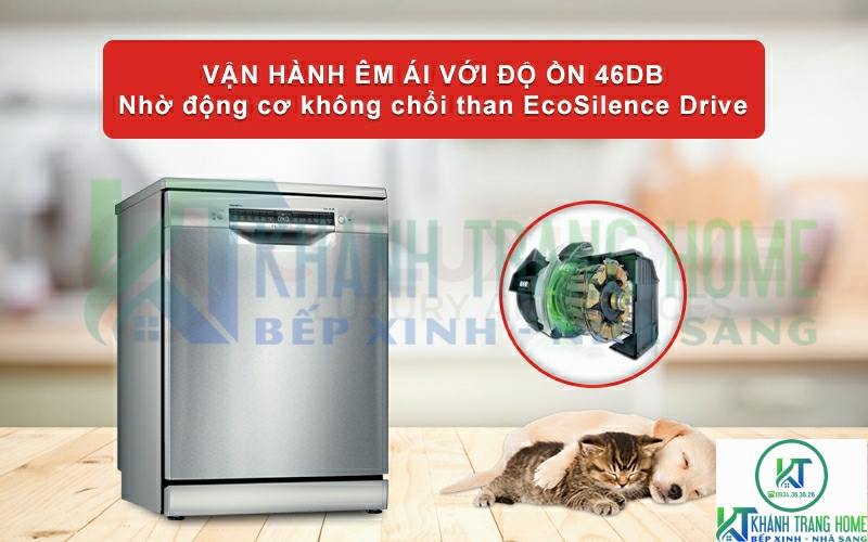 Độ ồn của máy rửa chén Bosch SMS4IVI01P ở mức 46dB nhờ động cơ EcoSilence Drive.