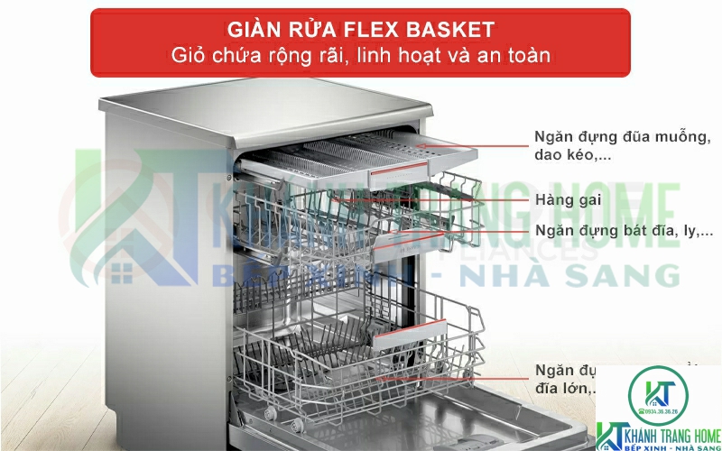 Hệ thống giàn rửa Flex Basket rộng rãi và ổn định, thuận tiện xếp bát đĩa vào máy.