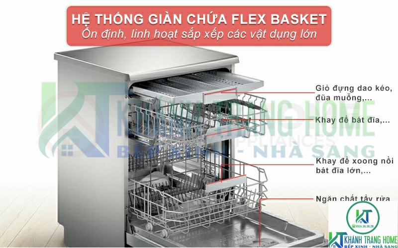 Máy rửa bát Bosch được thiết kế hệ thống Flex Basket 3 giàn linh hoạt giúp máy có thể rửa với công suất lớn