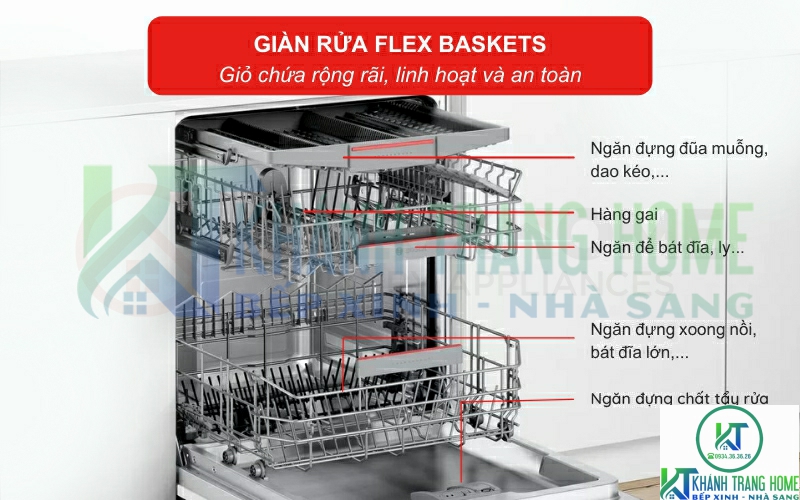 Hệ thống giàn rửa Flex Baskets rộng rãi và ổn định, thuận tiện xếp bát đĩa vào máy