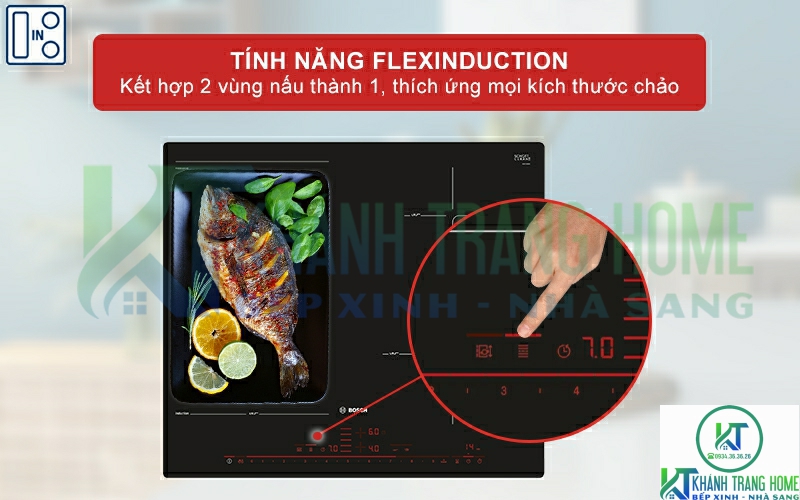 Kết hợp 2 vùng nấu thành 1, thích ứng với mọi kích thước nồi chảo với FlexInduction.