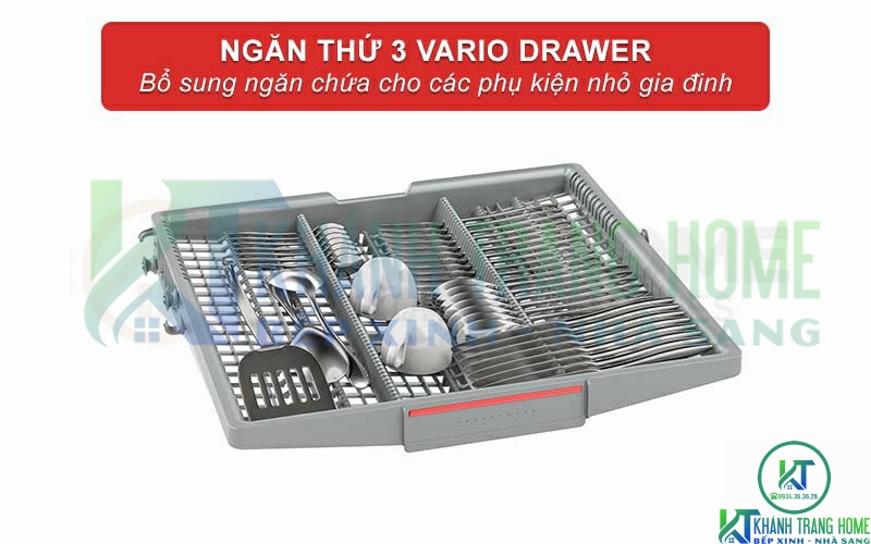 Ngăn thứ 3 Vario Drawer hỗ trợ chứa các phụ kiện nhỏ trong máy rửa bát Bosch SMU6ECS57E