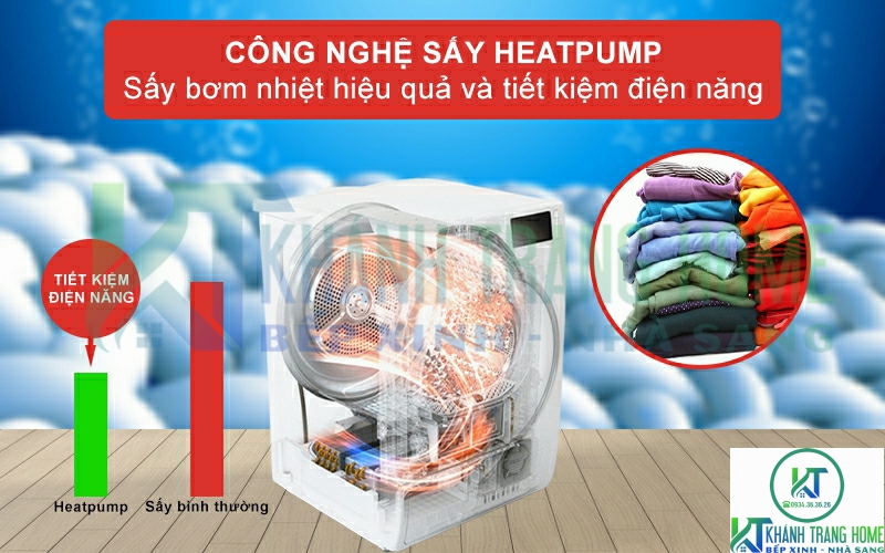 Công nghệ Heatpump giúp sấy khô hiệu quả và tiết kiệm điện năng hơn.