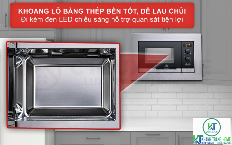 Khoang lò bằng thép bền tốt, dễ lau chùi đi kèm đèn LED tiện lợi