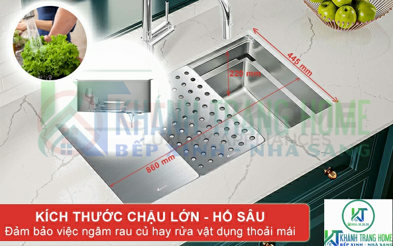 Chậu rửa kích thước tối ưu đảm bảo việc ngâm rửa rau củ, vật dụng thoải mái