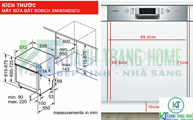 Kích thước máy rửa bát Bosch SMI65N05EU và tấm ốp gỗ