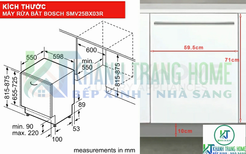 Kích thước máy rửa chén Bosch âm tủ SMV25BX03R và tấm ốp gỗ