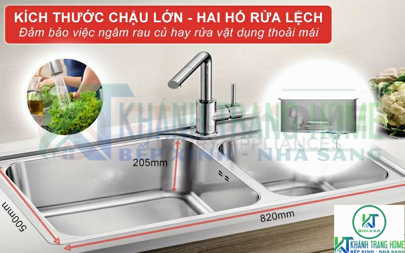 Chậu rửa với thiết kế hai hố tối ưu, đảm bảo việc ngâm rửa rau củ, vật dụng thoải mái