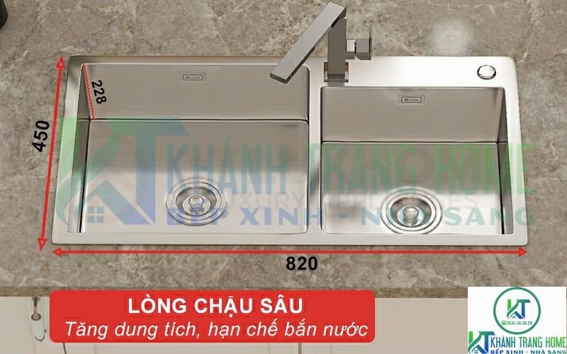 Thiết kế lòng chậu sâu, tăng dung tích và giúp hạn chế việc bắn nước trong quá trình rửa