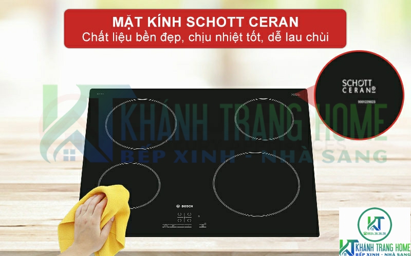 Mặt kính Schott Ceran với chất liệu bền đẹp, chịu nhiệt tốt và dễ lau chùi.