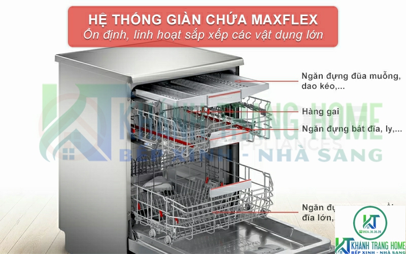 Hệ thống giàn rửa MaxFlex rộng rãi, linh hoạt, dễ dàng sắp xếp các vật dụng.
