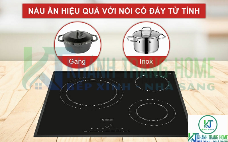 Nấu ăn hiệu quả khi sử dụng các nồi chảo có đáy từ tính trên bếp điện Bosch PKK651FP1E.