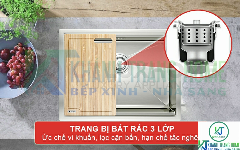 Trang bị bát rác 3 lớp ức chế hiệu quả sinh trưởng của vi khuẩn, lọc cặn bẩn, hạn chế tắc nghẽn đường ống thoát