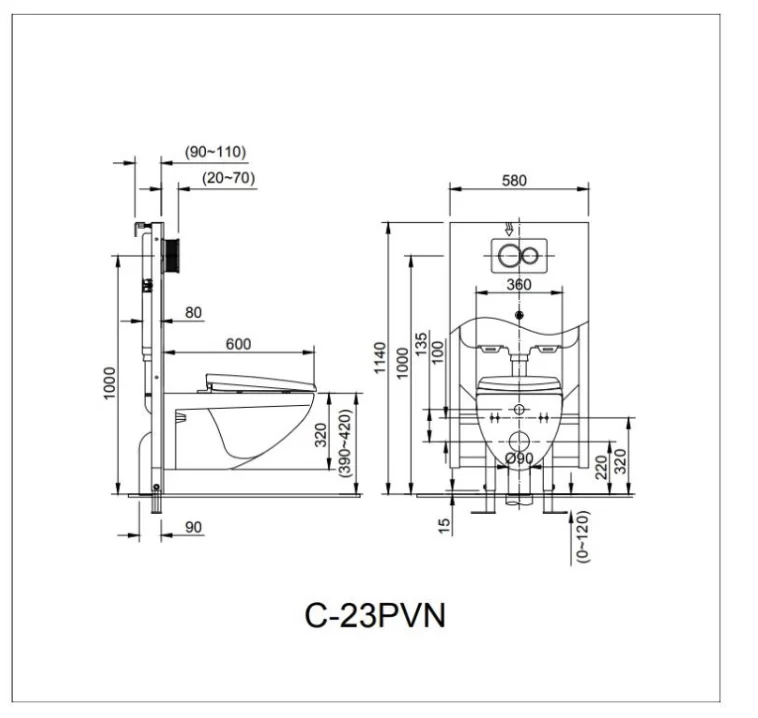 Bảng vẽ lắp đặt bồn cầu inax AC-23PVN