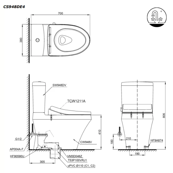 ban-ve-bon-cau-toto-CS948DE4-nap-rua-co-TCW1211A-1 Bồn Cầu TOTO CS948DE4#XW 2 Khối Nắp Rửa Cơ TCW1211A
