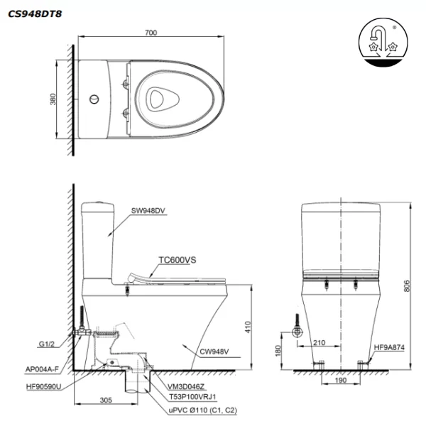 ban-ve-bon-cau-toto-CS948DT8-nap-bon-cau-TC600VS-1 Bồn Cầu TOTO 2 Khối CS948DT8#XW Nắp Đóng Êm TC600VS