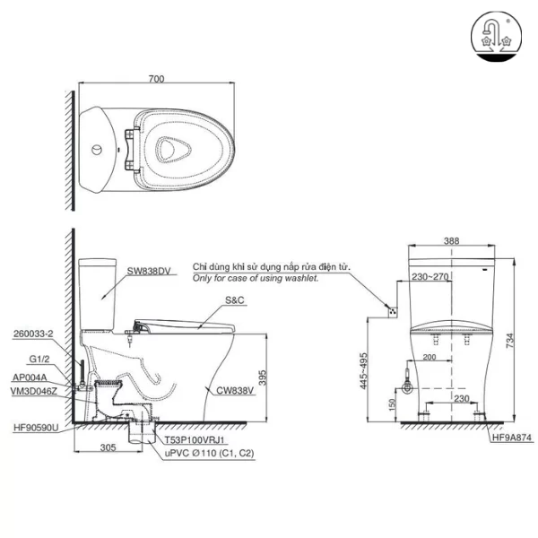 ban-ve-ky-thuat-CS838DW11 bản vẽ Bồn Cầu Điện Tử TOTO CS838DW11 Nắp Rửa Washlet