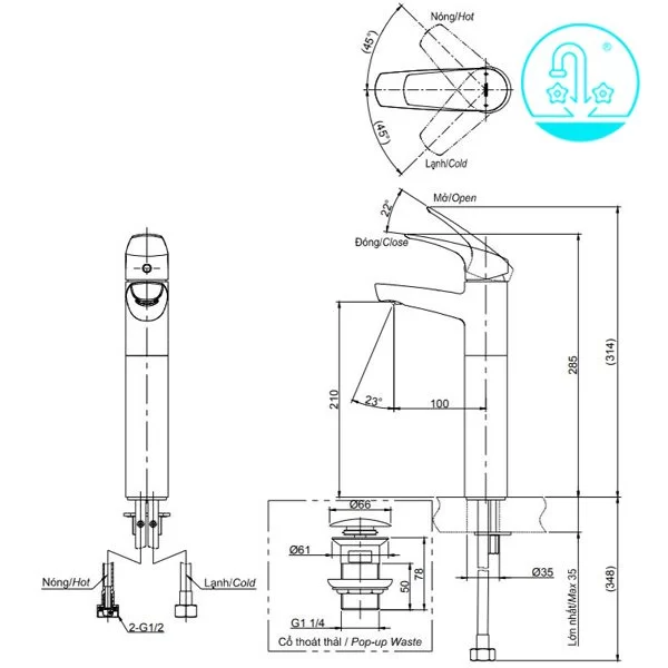 ban-ve-ky-thuat-voi-chau-rua-mat-toto- Vòi Lavabo TOTO TVLM106CR Gật Gù Nóng Lạnh CRES