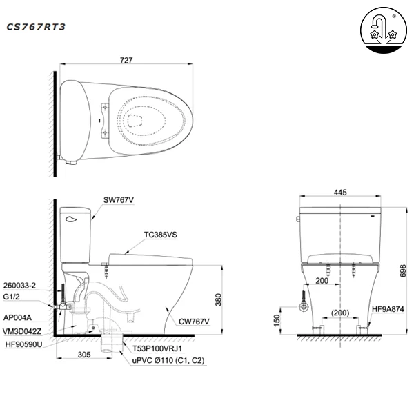 Bồn Cầu TOTO CS767RT3#XW 2 Khối Nắp Đóng Êm TC385VS