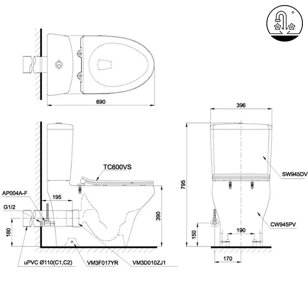 Bồn Cầu TOTO CS945PDT8#W 2 Khối Nắp Đóng Êm TC600VS