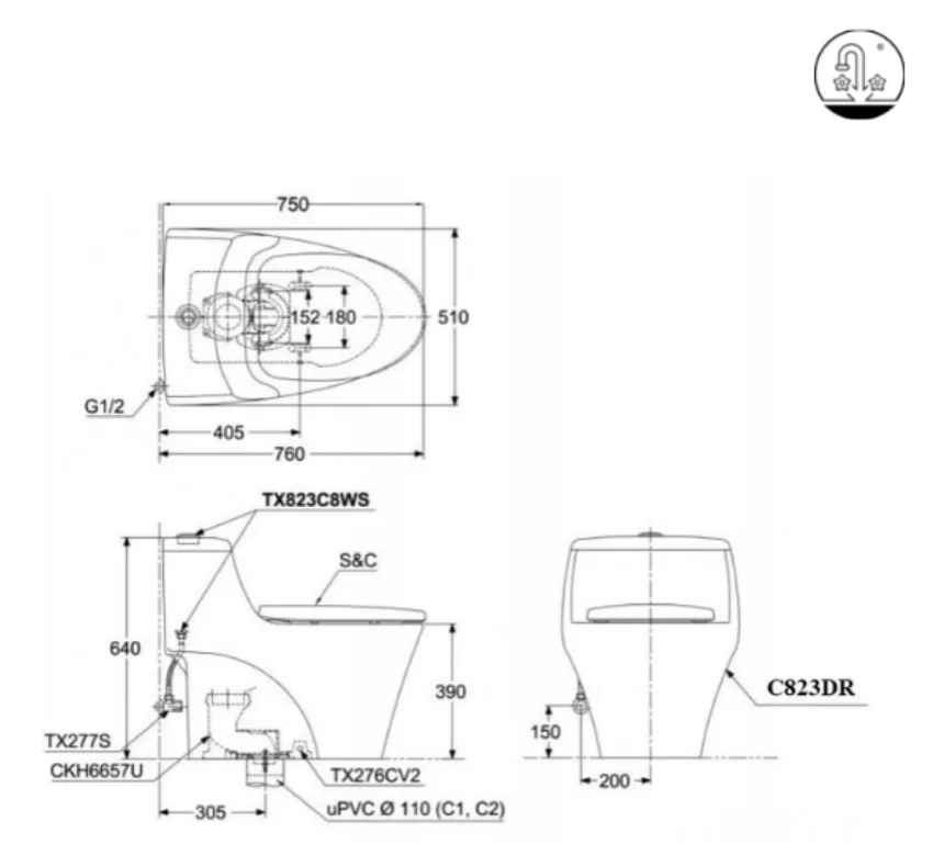 Bồn Cầu TOTO CW823RAE2#W/T53P100VR 1 Khối Nắp Rửa Cơ TCW07S
