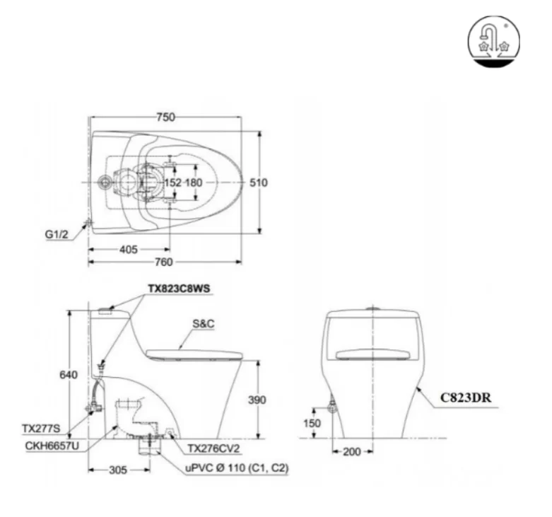 Bồn Cầu TOTO MS823DRE2#XW 1 Khối Nắp Rửa Cơ TCW07S