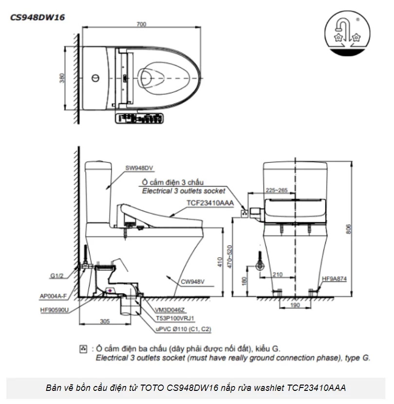 Bồn Cầu Điện Tử TOTO CS948DW16#XW Kèm Nắp Rửa Điện Tử WASHLET Dòng C2 - TCF23410AAA (220V)