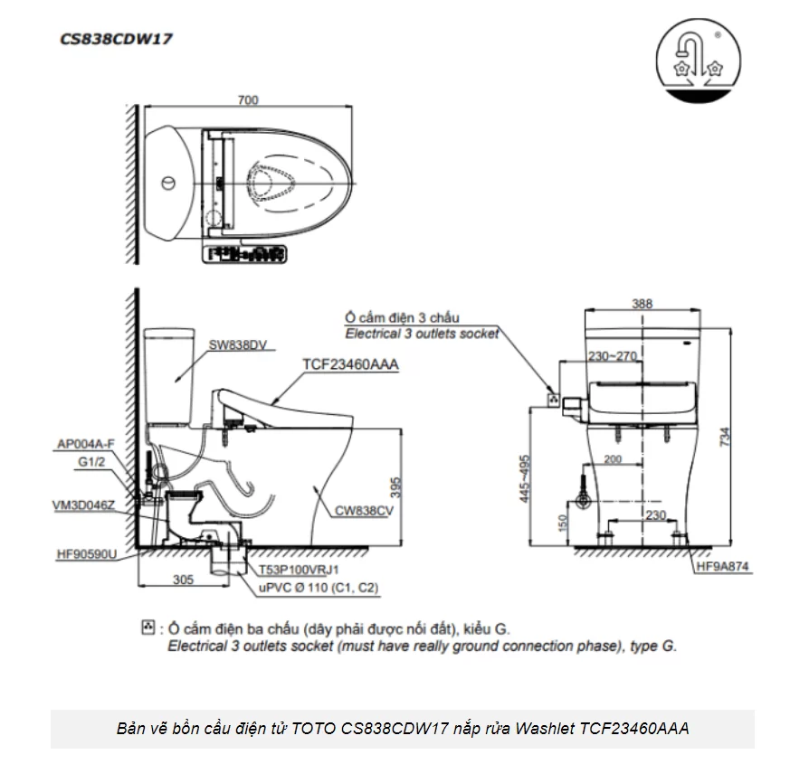 Bàn cầu điện tử TOTO CS838CDW17