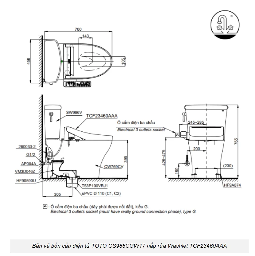 Bồn Cầu Điện Tử TOTO CS986CGW17#XW Kèm Nắp Rửa Điện Tử WASHLET (Loại Giấu Dây) Dòng C2 - TCF23460AAA (220V)
