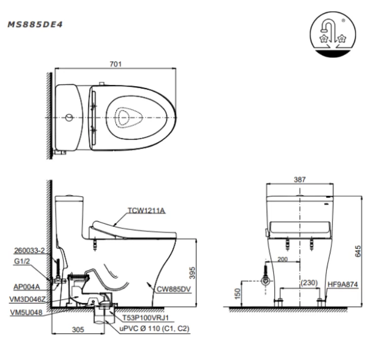 Bồn Cầu TOTO MS885DE4#XW 1 Khối Nắp Rửa Cơ TCW1211A