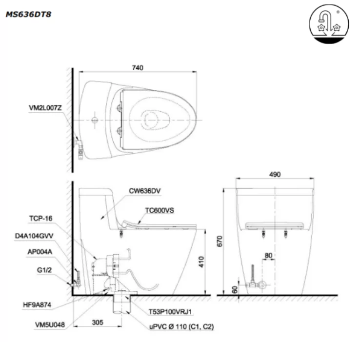 Bồn Cầu TOTO MS636DT8#XW 1 Khối Nắp Đóng Êm TC600VS