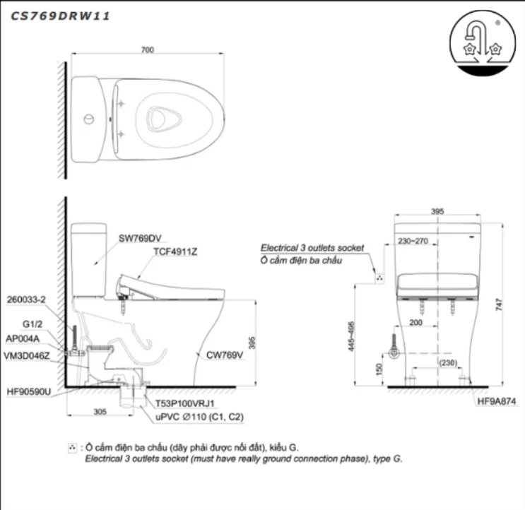 Bồn cầu TOTO CS769DRW11