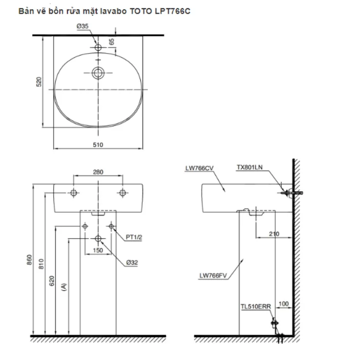 Chậu Rửa Mặt Lavabo TOTO LPT766C#XW Treo Tường Chân Dài