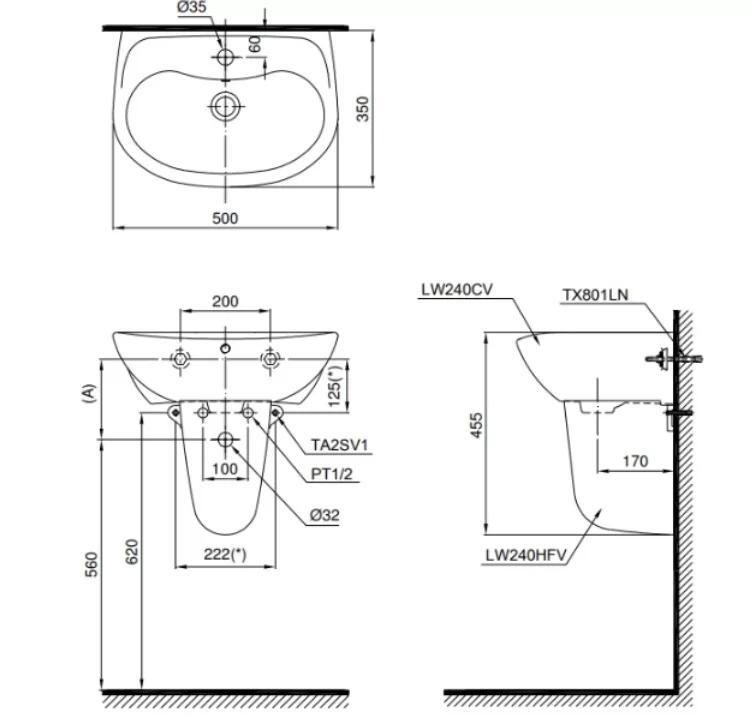 Chậu Rửa Mặt Lavabo TOTO LHT240CS#W Treo Tường Chân Ngắn