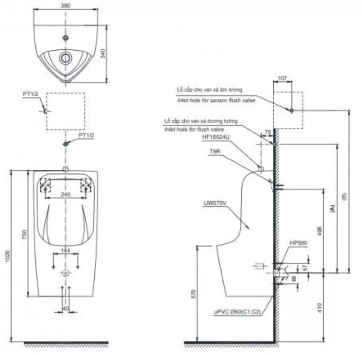 Bồn Tiểu Nam TOTO UT570T#XW Treo Tường