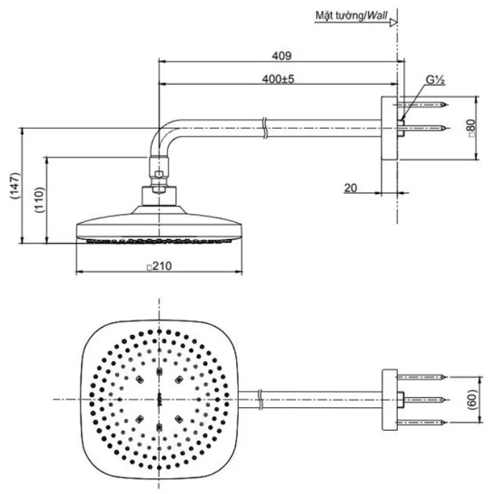 Bát Sen Gắn Tường TOTO TBW02003A Vuông 220mm