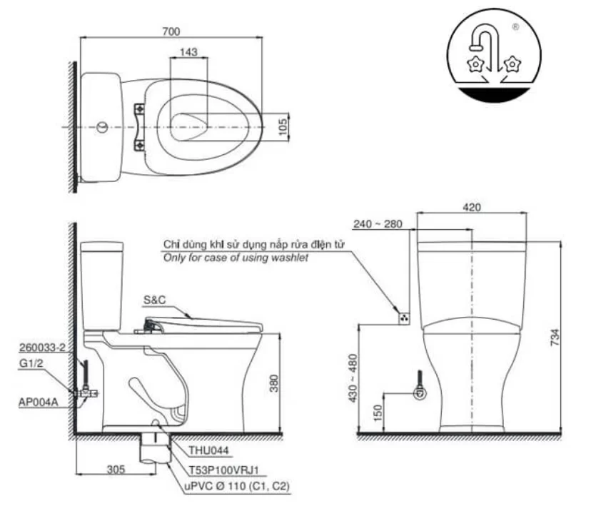 Bồn Cầu Điện Tử TOTO CS735DW14#XW Kèm Nắp Rửa Điện Tử WASHLET Dòng C5 - TCF24410AAA (220V)