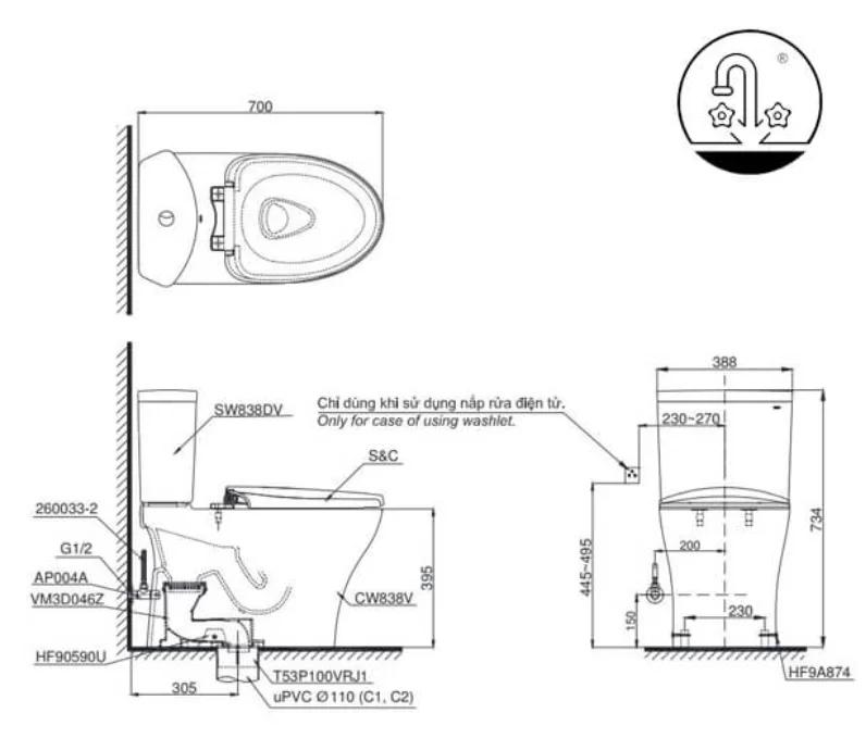Bồn cầu điện tử TOTO CS838DW14