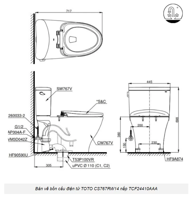 Bồn Cầu Điện Tử TOTO CS767RW14#XW Kèm Nắp Rửa Điện Tử WASHLET Dòng C5 - TCF24410AAA (220V)