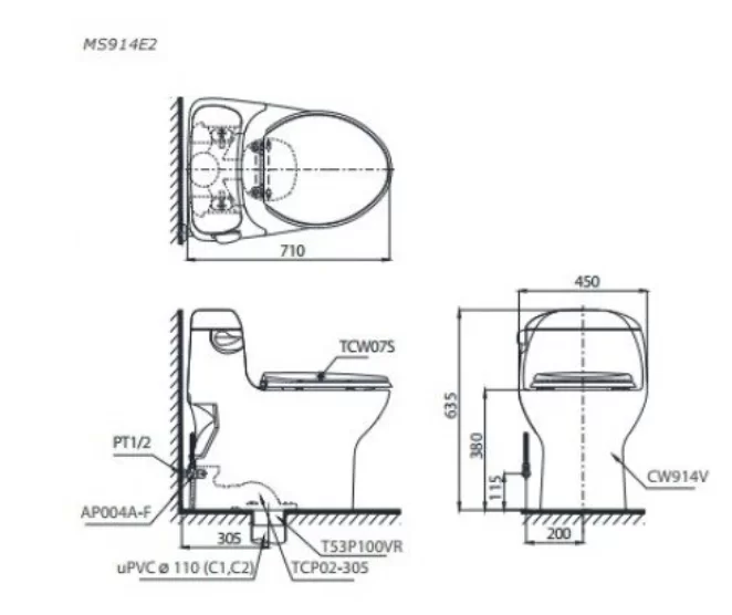 Bồn Cầu TOTO MS914RE2#XW 1 Khối Nắp Rửa Cơ TCW07S