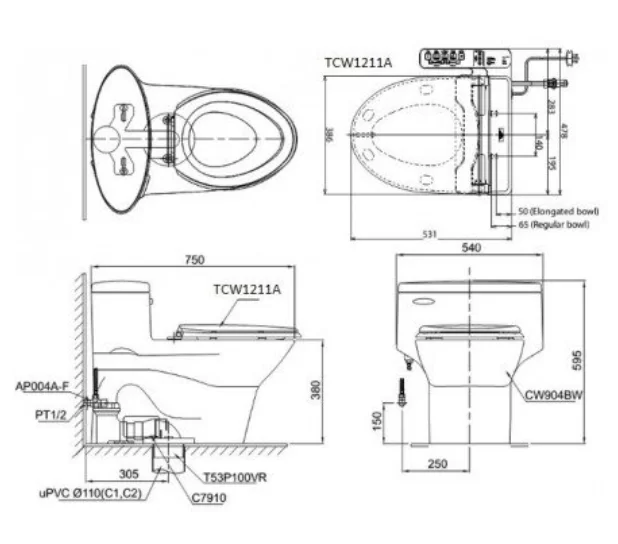 Bồn Cầu TOTO MS904E4#XW 1 Khối Nắp Rửa Cơ TCW1211A