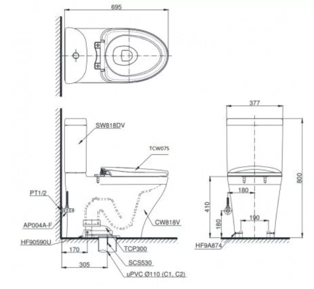 Bồn Cầu TOTO CS818DE2#XW 2 Khối Nắp Rửa Cơ TCW07S