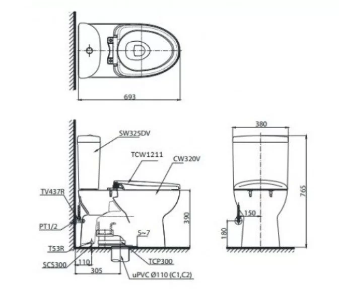 Bồn Cầu TOTO CS325DRE4#W 2 Khối Nắp Rửa Cơ TCW1211A